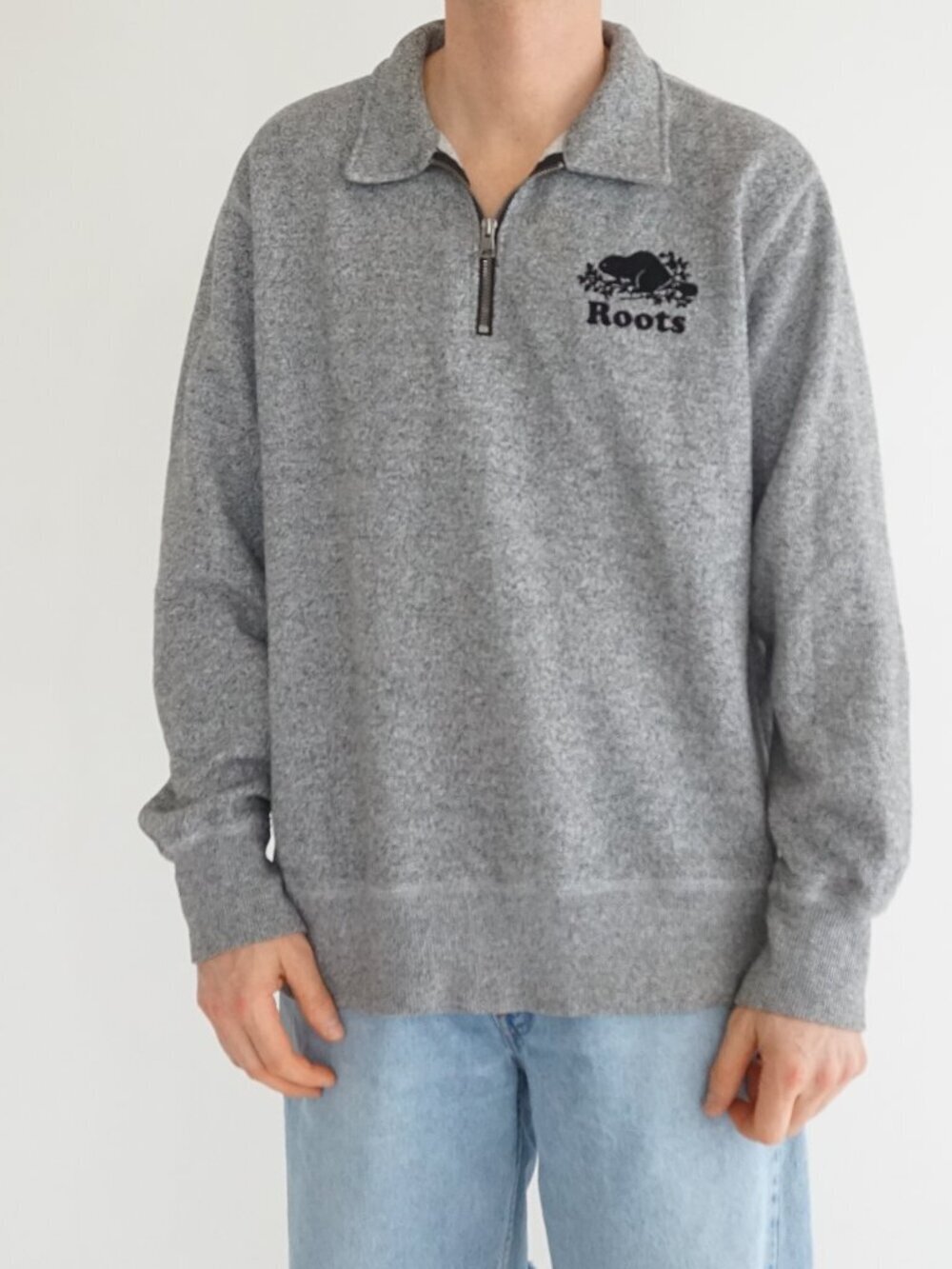 Roots Gray Salt Pepper Beaver Logo Quarter Zip Collar Knit Sweater Cotton L